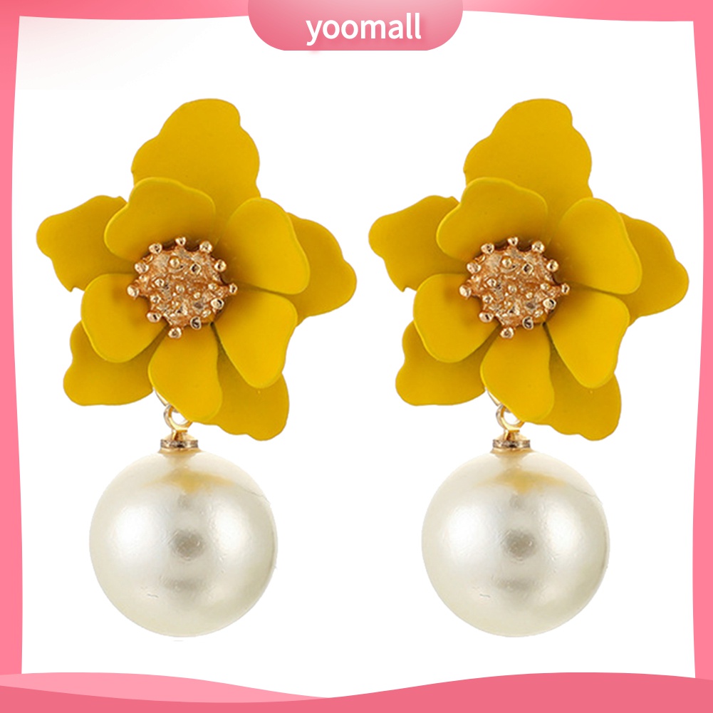 Yomall♡ Đôi Bông Tai Mặt Hoa Đính Ngọc Trai Nhân Tạo Thời Trang