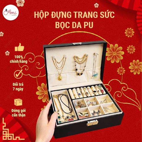 Hộp Đựng Trang Sức Nữ Trang 2 Tầng Bằng Da PU Có Khoá Cao Cấp