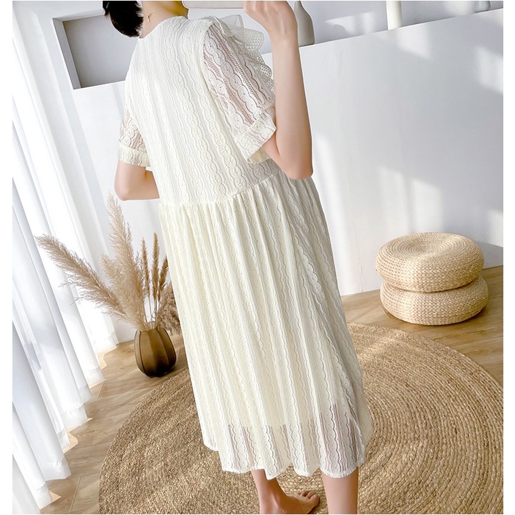 Váy đầm bầu cổ bèo nơ ren thiết kế công sở, dự tiệc cho mẹ bầu phong cách hàn quốc sang trọng, thanh lịch mới mùa hè