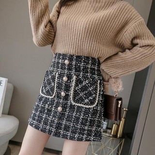 chân váy dạ tweed đính cúc ngọc dáng ngắn[Ảnh thật 3-9]