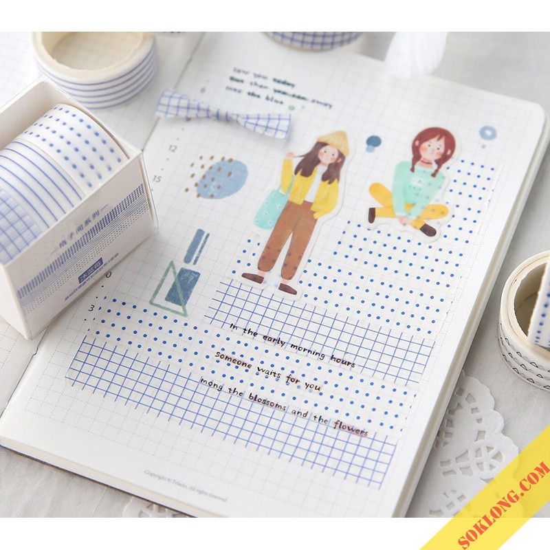 Bộ Washi tape băng dính họa tiết kẻ, chấm bi Basic trang trí sổ Bullet Journal, bưu thiếp, album