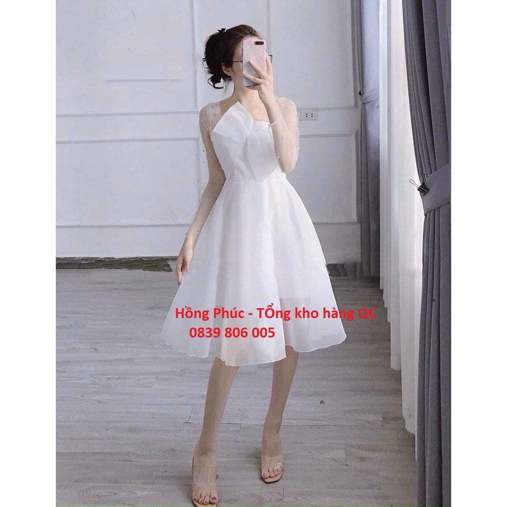 Đầm công chúa màu trắng,váy đi dự tiệc,chụp kỉ yếu ,được thiết kế sang chảnh tay có lưới trước ngực dược thiết kế nơ xin