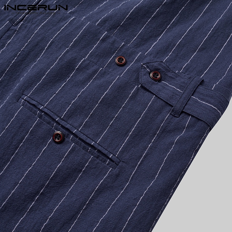 Áo liền quần Ngắn Tay Kẻ Sọc Phối Nút Cá Tính Dành Cho Nam