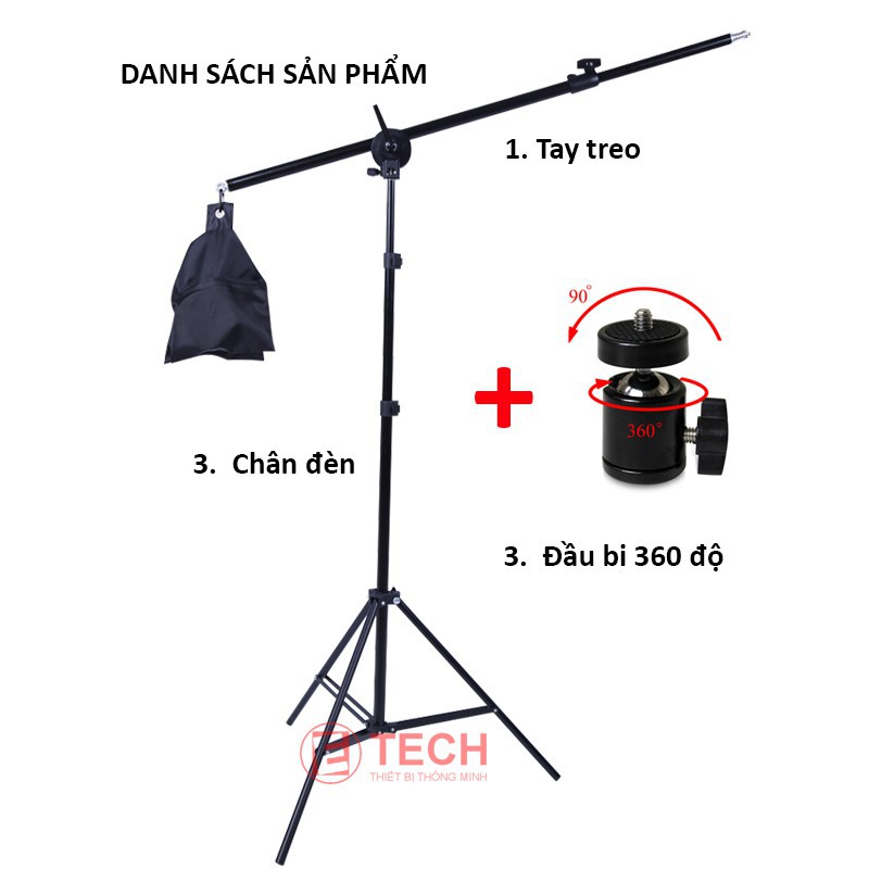 COMBO chân đèn studio 2.1m + Tay treo đèn (có thể treo điện thoại, máy ảnh)