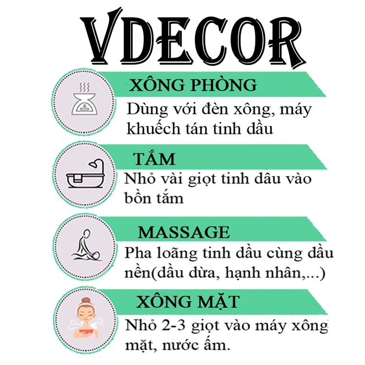 [Mã LIFEHLDEC giảm 10% đơn 99k] Tinh dầu thiên nhiên 10ml VDECOR nguyên chất 100% (gift)