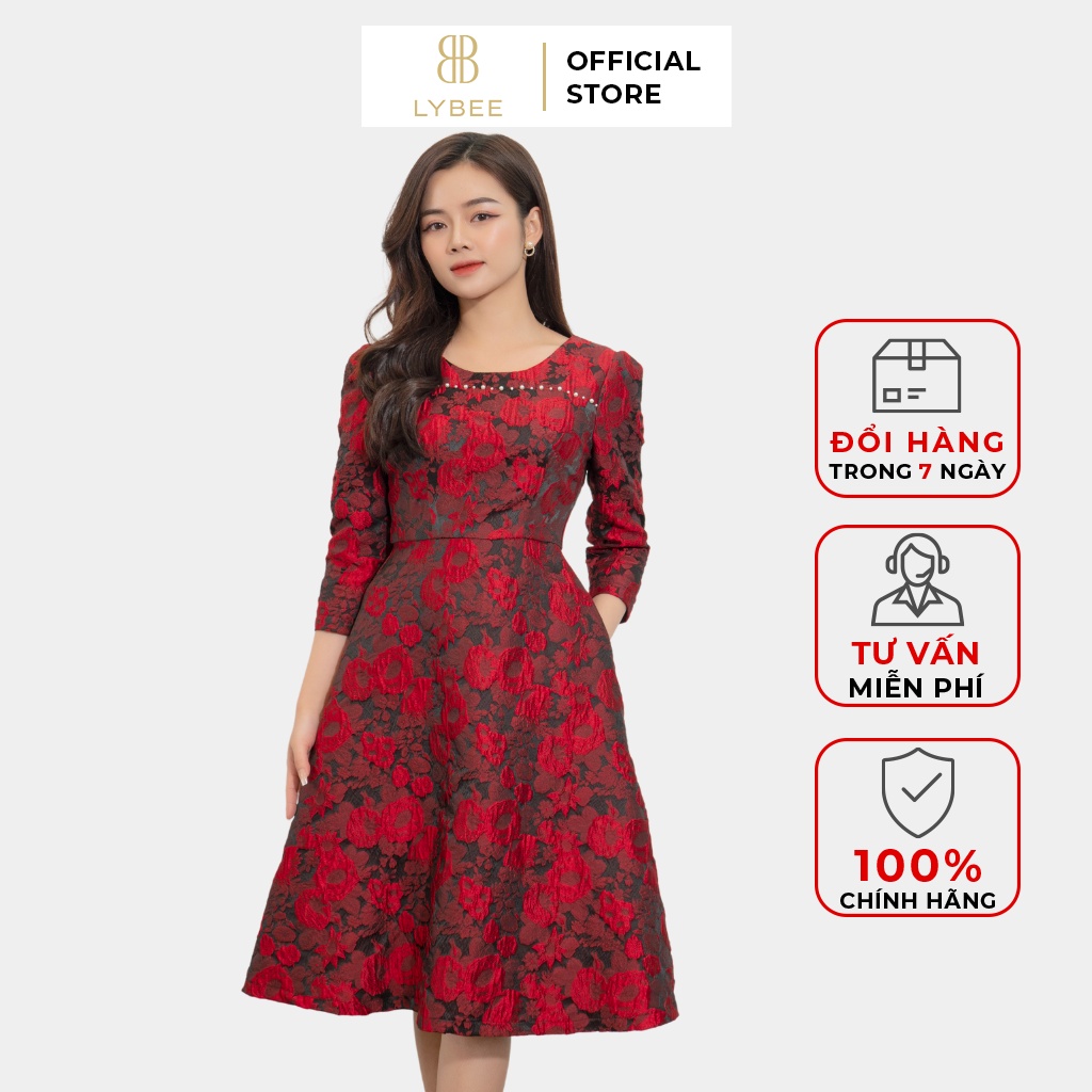 Đầm dự tiệc thiết kế sang chảnh 40Simple SV003 chất Tafta vân hoa dáng xòe tay lỡ, thời trang trung niên cao cấp LYBEE