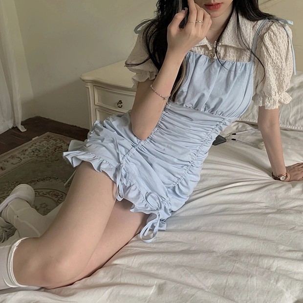 6:30PM Order Mã Set ulzzang hot trend áo sơ mi tay ngắn vải bèo nhún babydoll yếm váy hai dây nhún eo xanh pastel