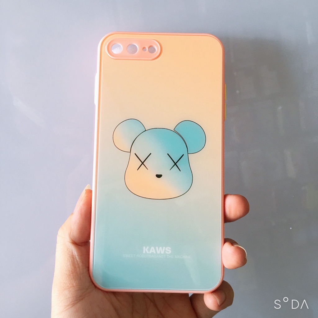 Ốp lưng kính viền vuông Gấu Kaws, phím bấm màu iPhone 6.6s/6Plus/7/8/7Plus/8Plus/ Xs Max