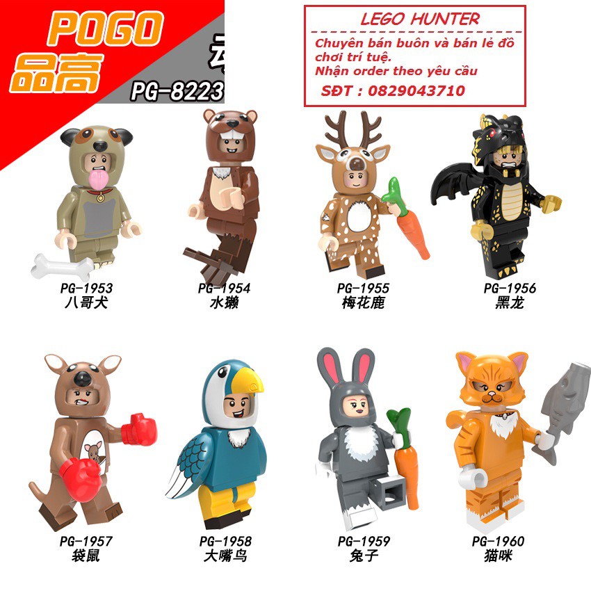 Lego Minifigures nhân vật Cosplay thú ngộ nghĩnh PG 8223 Chó Hải ly Tuần Lộc Rồng Kangaro Vẹt Thỏ Mèo