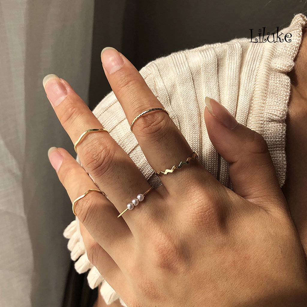 Bộ 5 Nhẫn Hợp Kim Đính Đá Kiểu Dáng Thời Trang Cho Nữ