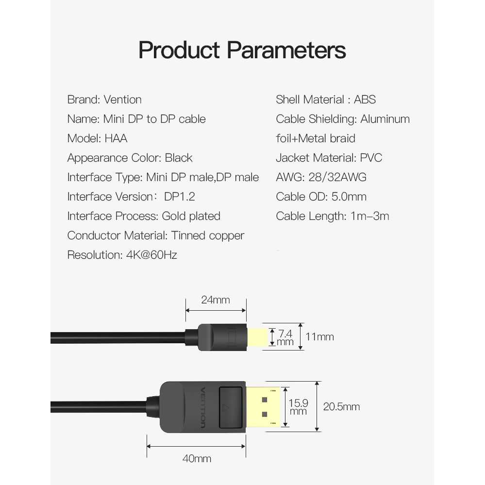 Vention Thunderbolt Mini displayport to Displayport Cable Mini DP to DP Adapter