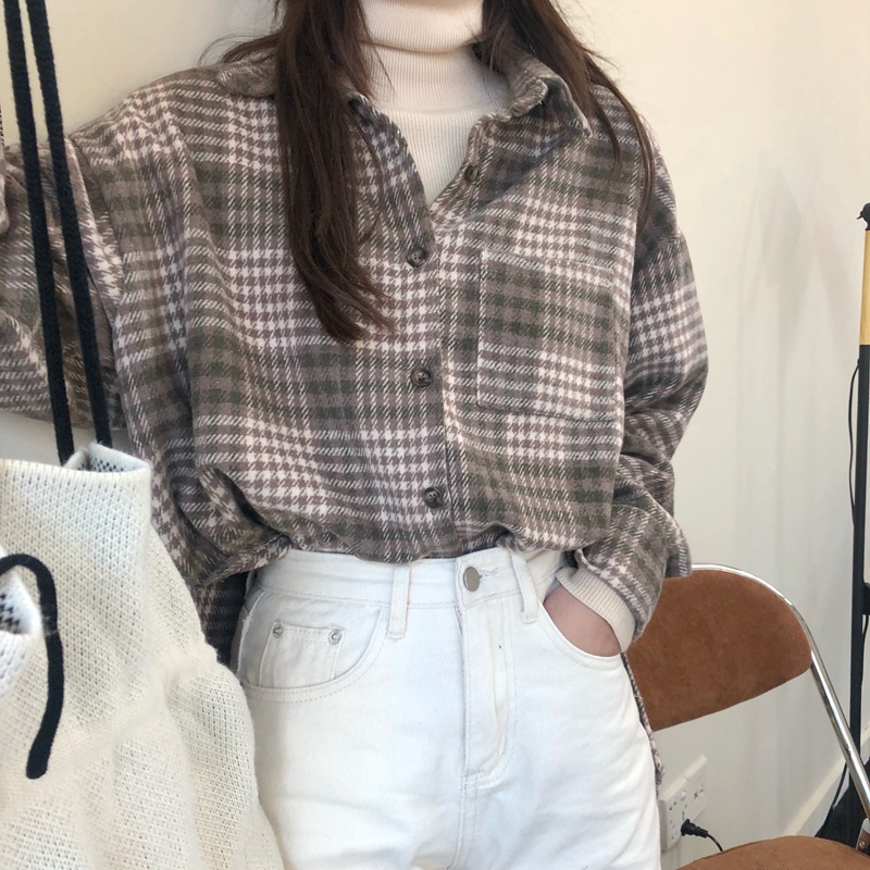 Áo sơ mi dài tay kẻ sọc dáng rộng phong cách Hàn Quốc thời trang