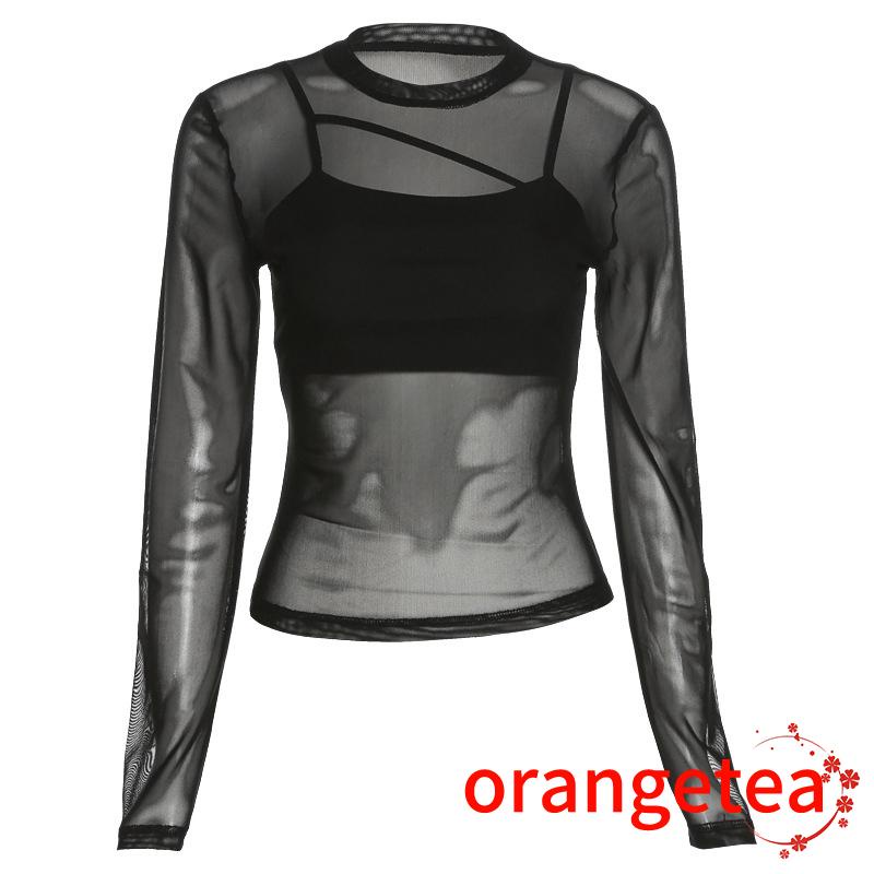 ORT-Women´s Adjustable Vest + Long Sleeve Crew Neck See-Through Mesh T-Shirt Streetwear Two-Piece Set