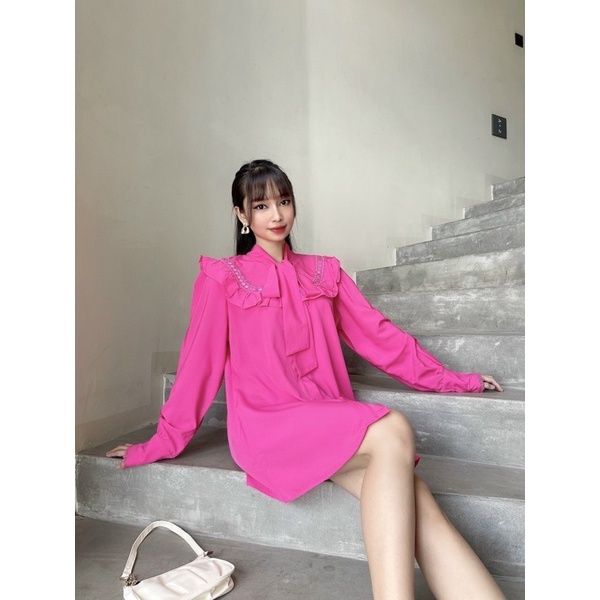 G7 - đầm sơ mi cổ nơ bèo, màu Hồng sen