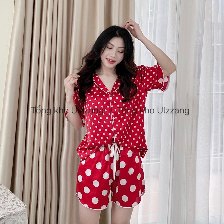 Bộ ngủ lụa chấm bi tay cộc quần đùi