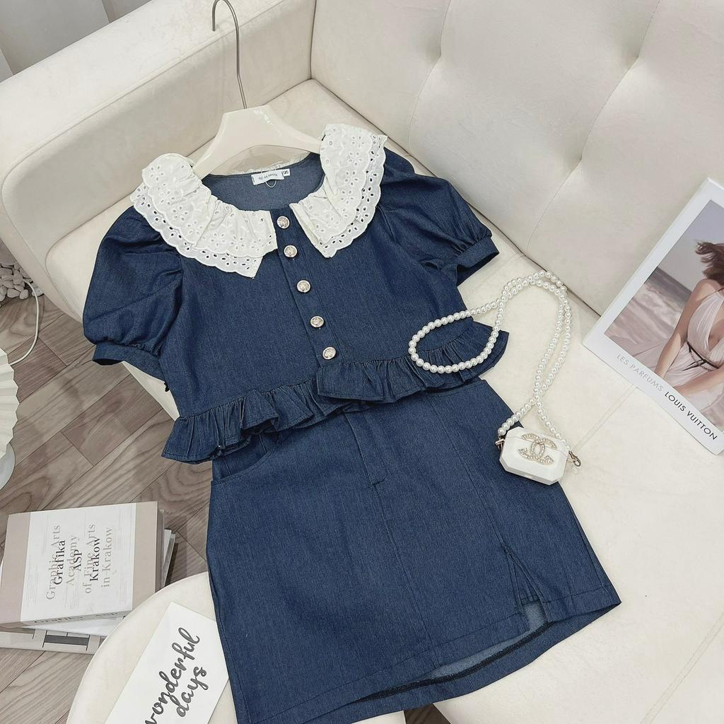 Set bộ áo bò cổ sen ren thêu mix chân váy chữ A Có Ảnh Thật, Set đồ nữ sang chảnh áo cổ V kèm quần tacta 2 lớp hàng