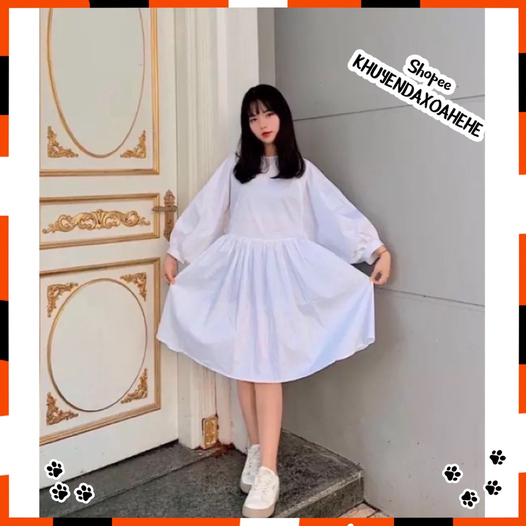 V007 Váy Babydoll trắng trơn tay bồng dáng xòe chụp ảnh đi chơi, đầm bầu baby doll tay phồng form rộng cute dễ thương ba | BigBuy360 - bigbuy360.vn