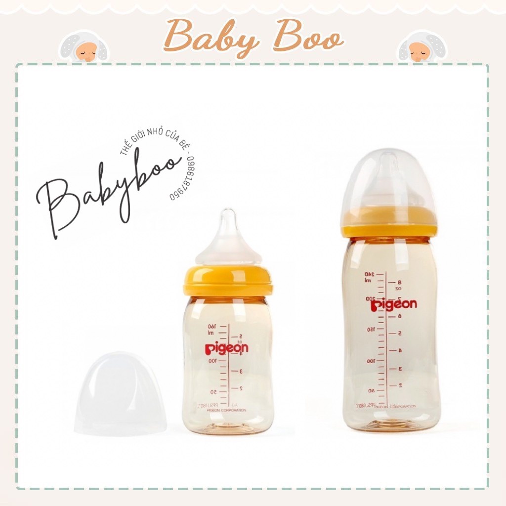Bình sữa Pigeon 160ml / 240ml cổ rộng PPSU Plus với núm vú silicone siêu mềm nội địa [ babyboo]