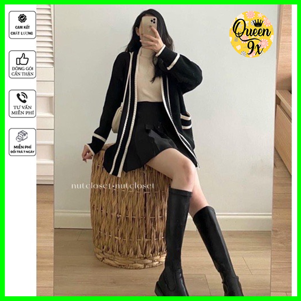 ÁO CARDIGAN, ÁO KHOÁC Nữ Form Rộng Viền Túi Đen Trắng Phong Cách Basic