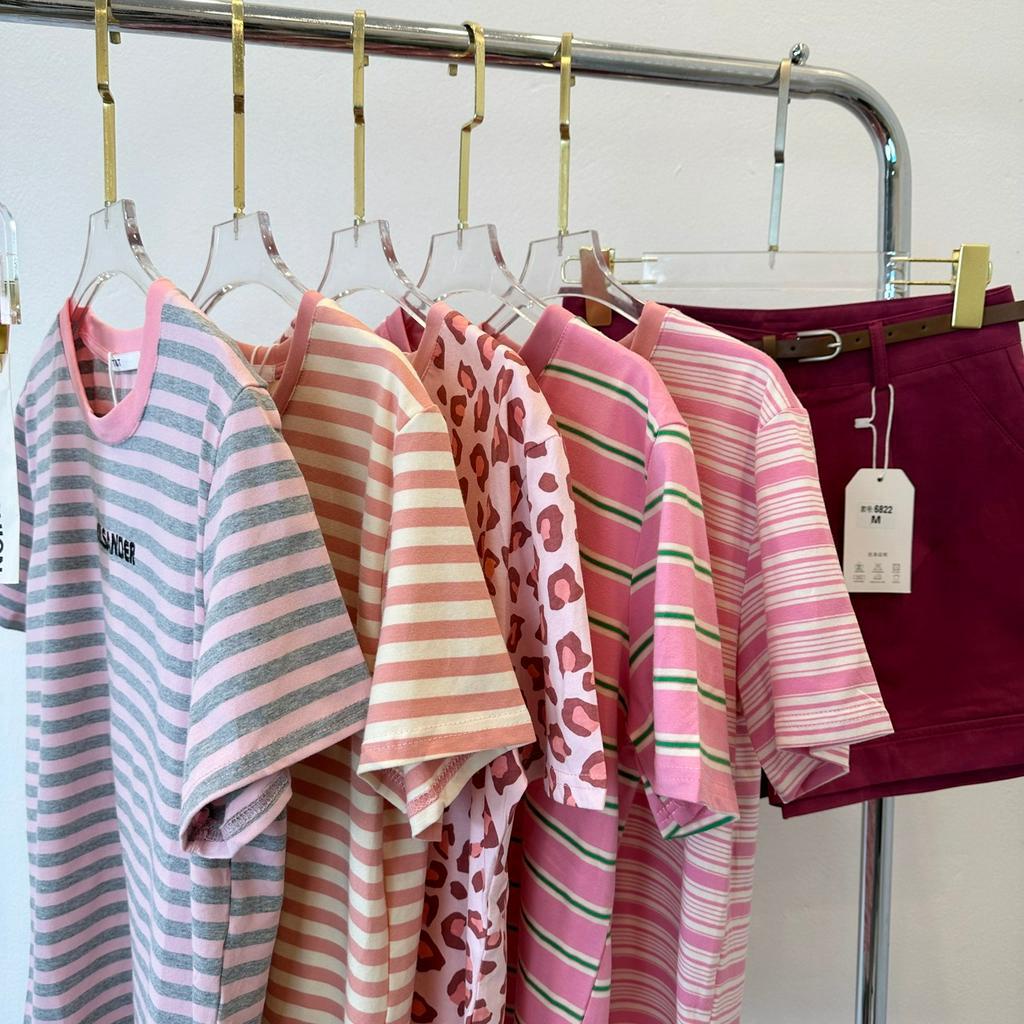 Áo Thun nữ kẻ ngang cộc tay chất cotton cao cấp , Áo kẻ ngang tông màu hồng pastel dành cho nữ hot trend hãng T&amp;T