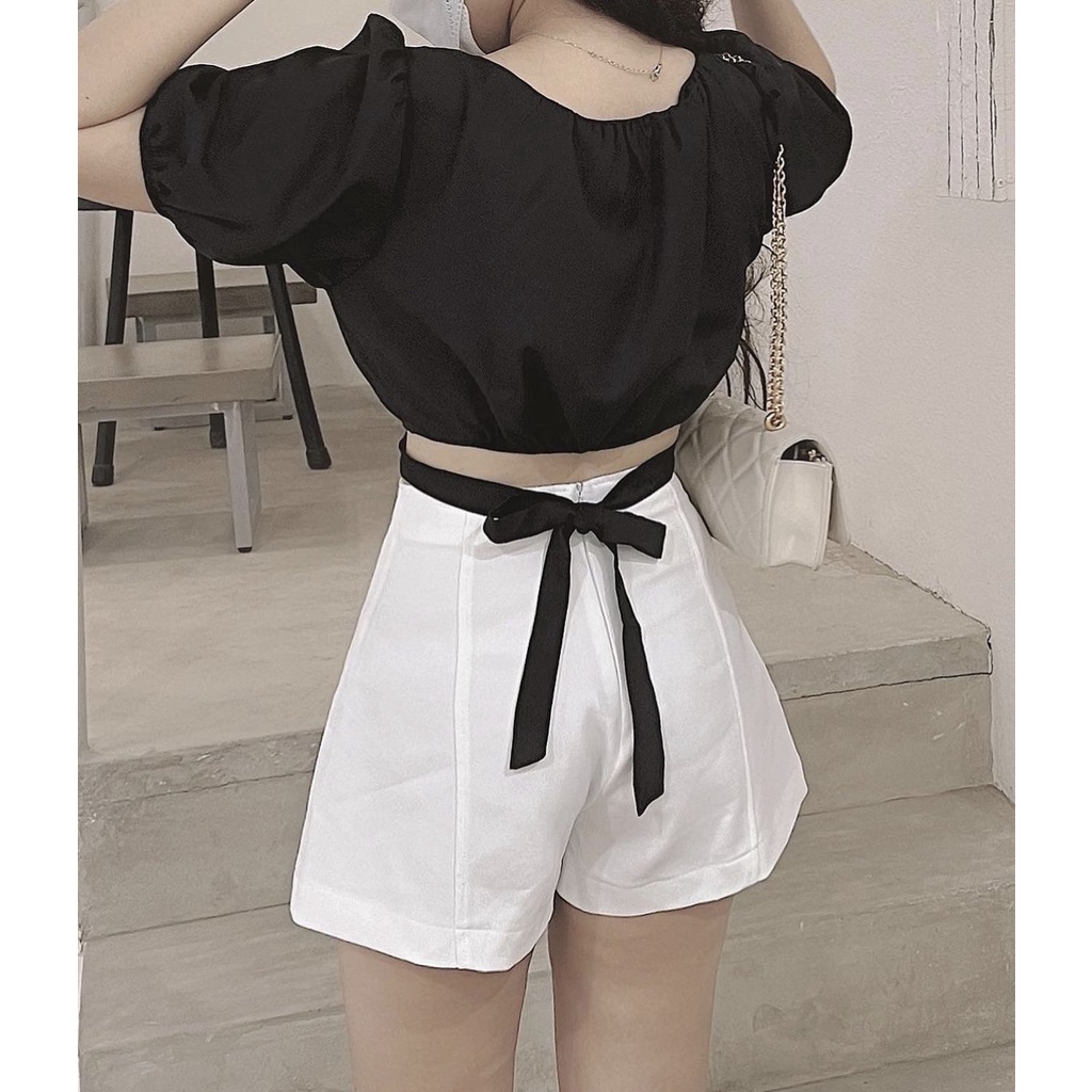 Quần short nữ đen trắng suông fit cạp cao khóa lưng đen mã525