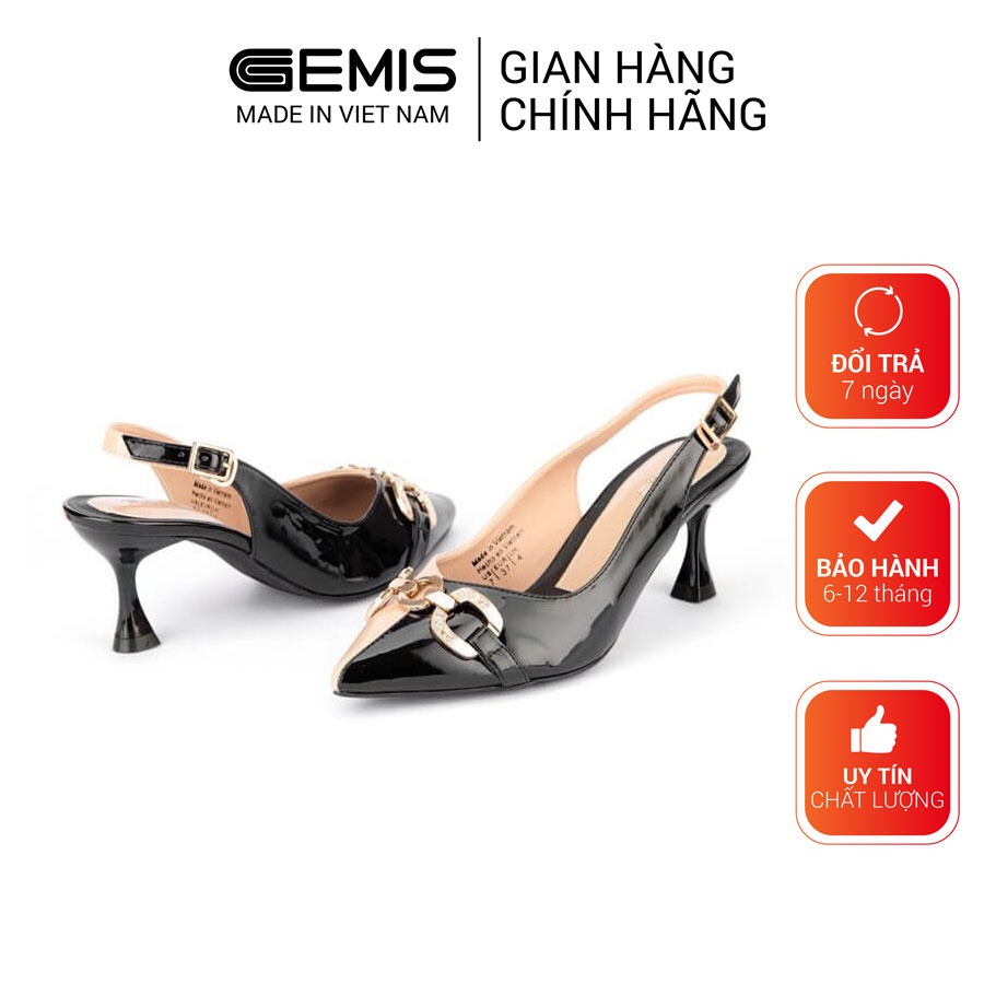 Giày cao gót nữ mũi nhọn phối màu quai hậu khóa trang trí da bóng 7cm GEMIS - GM00237 Trắng đen|Kem đen