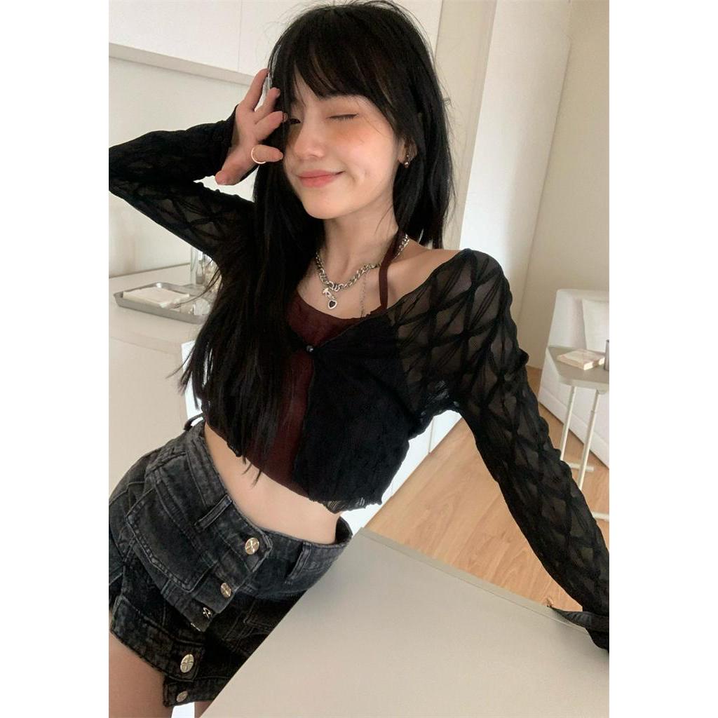 Bộ Áo Khoác Cardigan Dài Tay Phối Đầm Dây Giả Hai Lớp Thời Trang Sành Điệu 6371