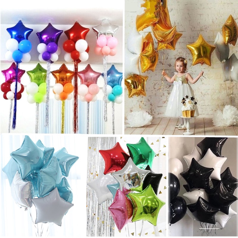 Set 10 bong bóng nhôm hình ngôi sao dễ thổi đa dạng màu sắc dùng cho trang trí tiệc sinh nhật 18 inch