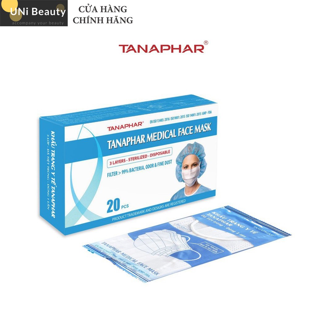 Khẩu Trang Y Tế Tanaphar 3 Lớp, 4 Lớp Màu Trắng, Đã Tiệt Trùng Từng Chiếc, 1 Chiếc