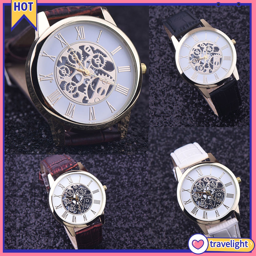 (Travelight) Đồng hồ đeo tay bộ máy quartz mặt hình tròn họa tiết cơ học rỗng dây đeo bằng da giả thời trang cho nam