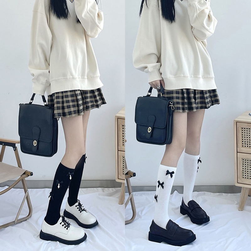 Tất Cotton Dài Qua Gối Đính Nơ Ngọc Trai Phong Cách Lolita