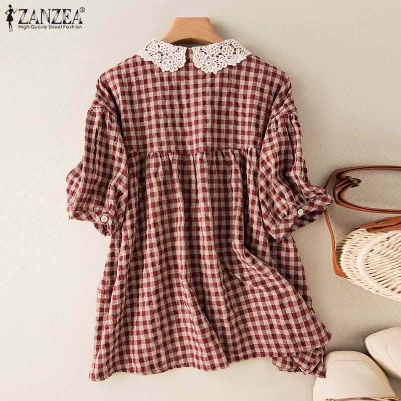 Áo sơ mi ZANZEA tay ngắn phối ren họa tiết sọc caro thời trang cho nữ