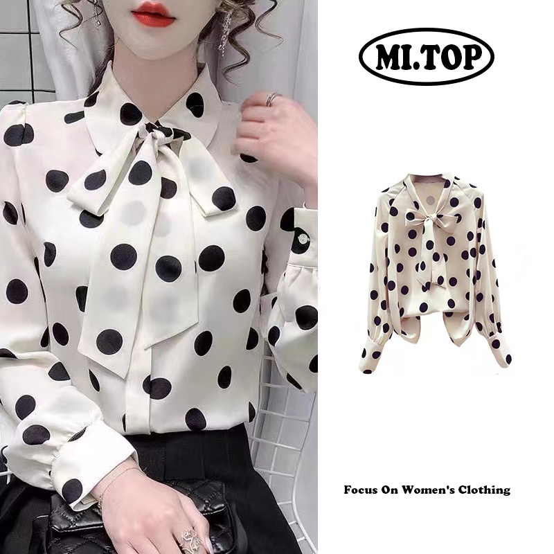 Áo Sơ Mi Chiffon Tay Dài Dáng Rộng Thắt Nơ Họa Tiết Chấm Bi Xinh Xắn Cho Nữ