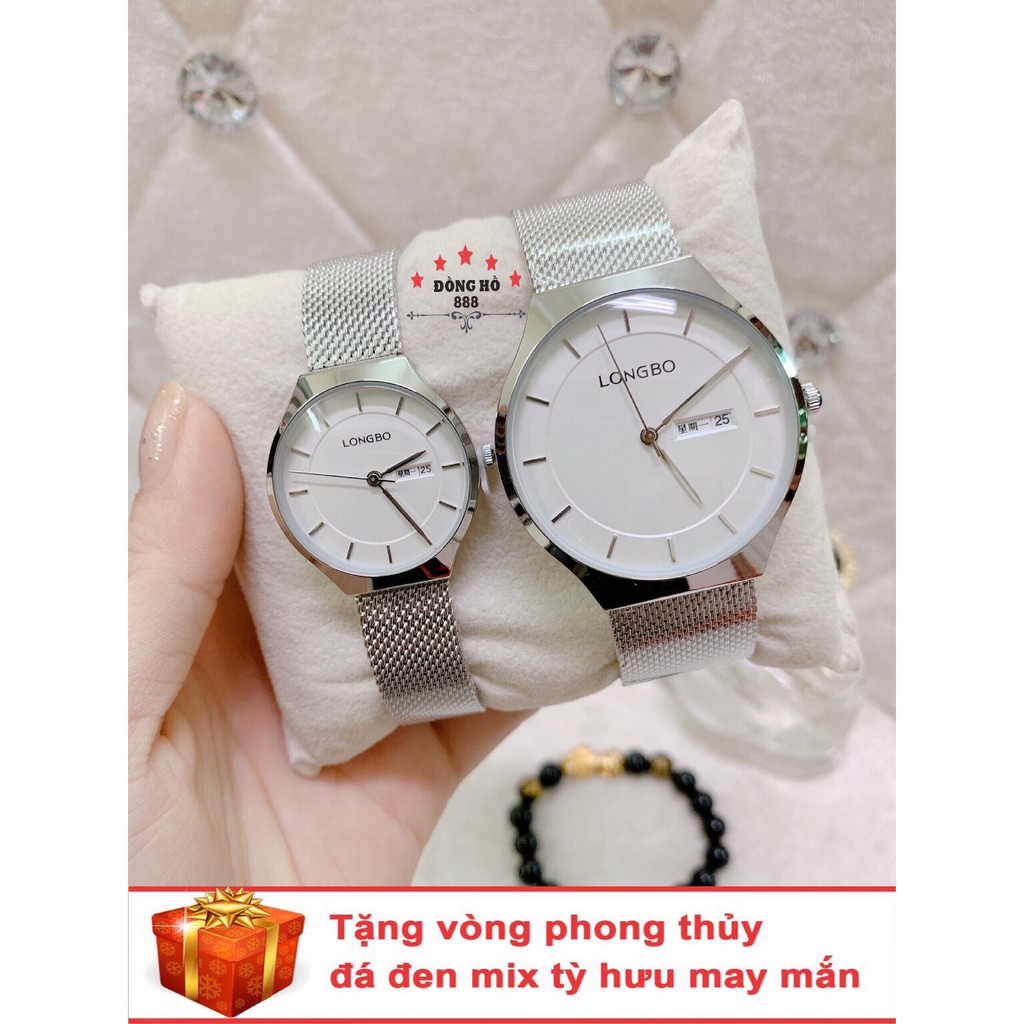 Cặp Đồng hồ đôi nam nữ Longbo dây kim loại thời thượng ( LB80485 dây trắng mặt trắng ) - TẶNG 1 vòng tỳ hưu phong thuỷ