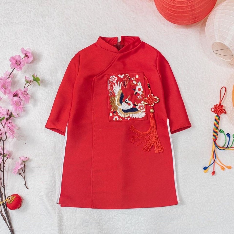 Áo dài bé trai bé gái thêu đáp nổi - màu đỏ