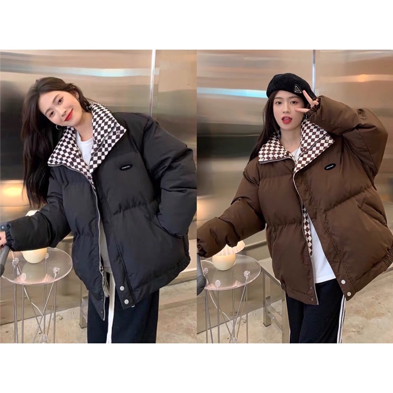 Áo khoác phao nữ Hàn Quốc phối kẻ sọc caro checkerboard hot ulzzang