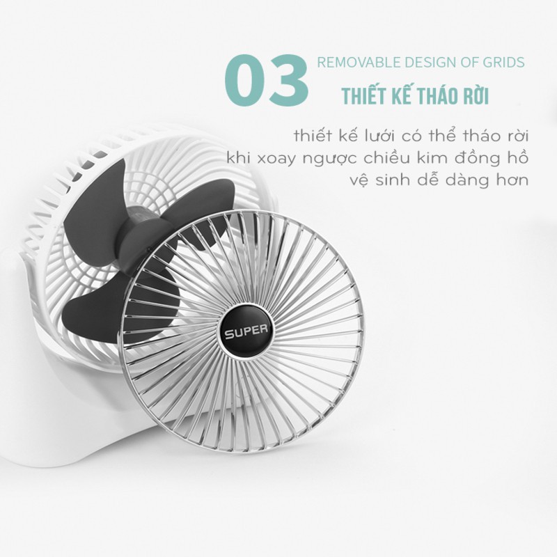 Quạt Tích Điện Mini Để Bàn SUPER FAN Với 3 Cấp Độ Gió, Sạc USB Siêu Tiện Lợi