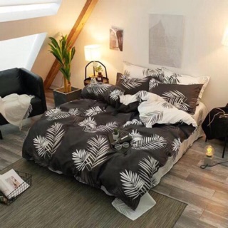 Bộ drap & chăn phao cotton poly lá me đen