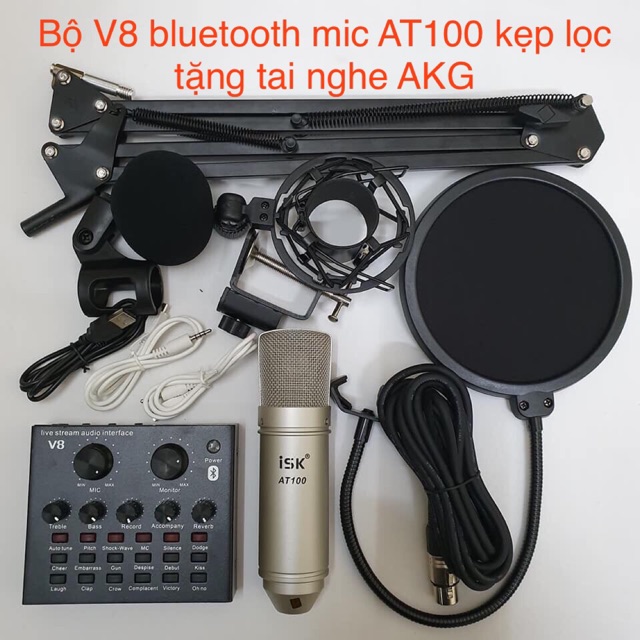 Combo thu âm v8 bluetooth AT100 ( 4 món tặng tai AKG)