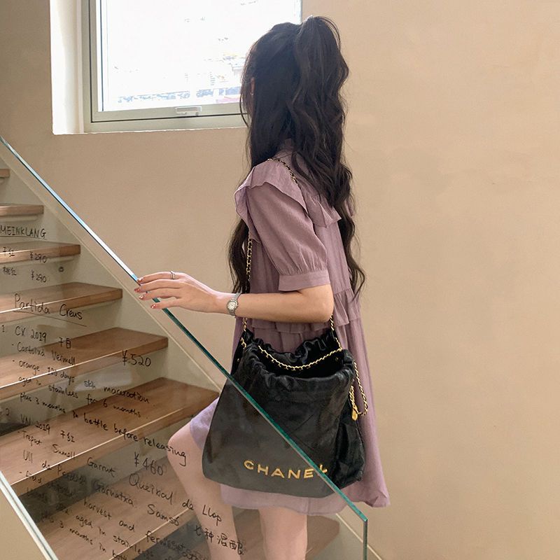 Đầm chiffon BH tay ngắn dáng rộng màu tím phong cách thời trang Hàn Quốc