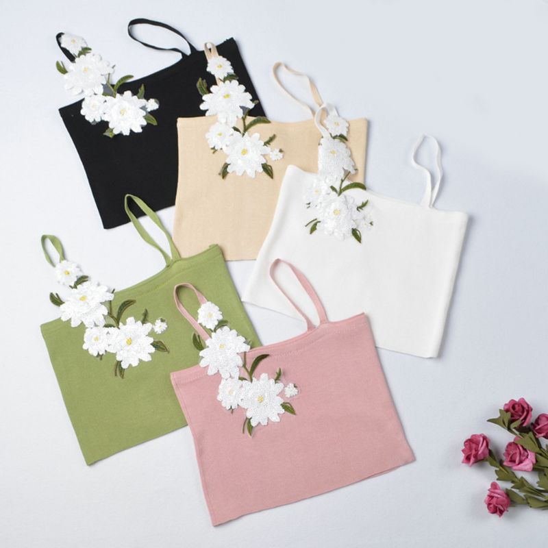 Áo Croptop Dệt Kim Hai Dây Không Tay In Họa Tiết Hoa Cúc Nhỏ Đính Sequin Thời Trang Mùa Hè Quyến Rũ Cho Nữ