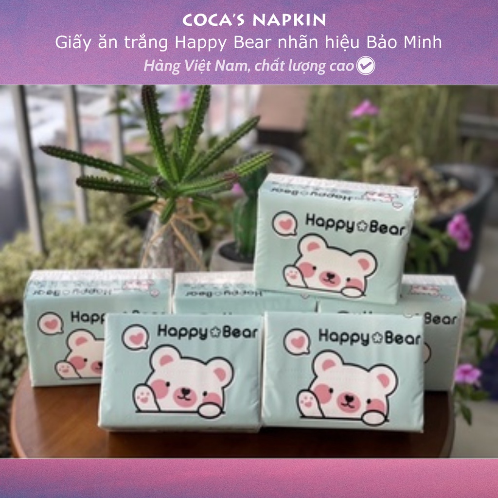 Giấy ăn trắng Happy Bear siêu dai, gói 120 tờ giấy rút lụa mềm mịn 3 lớp, không chất tẩy trắng