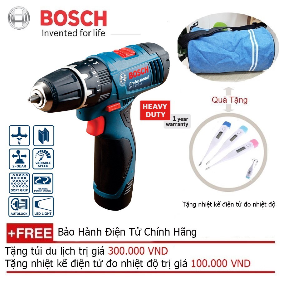 Máy khoan/bắt vít dùng pin Bosch GSB 120-LI Professional + Quà tặng áo mưa