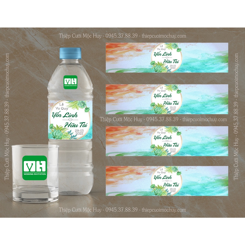 Combo 30 tem dán chai nước suối & 30 nơ nhỏ dán chai kèm theo
