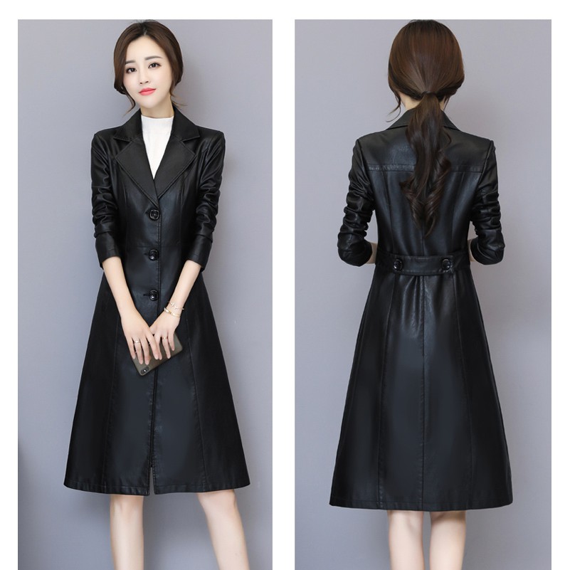 ÁO KHOÁC DA NỮ DÁNG DÀI CỔ VEST