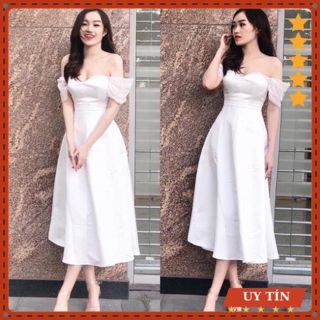Đầm dự tiệc trắng Midi trễ vai phi phối lưới Eva_home_fashion