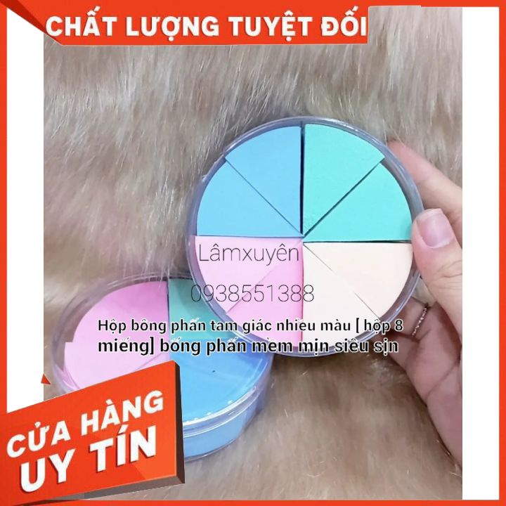 HỘP BÔNG PHẤN 8 MIẾNG TAM GIÁC NHIỀU MÀU  FREESHIP   bông phấn mềm mịn dễ tán đều lớp phấn cho màu tự nhiên _siêu tiện