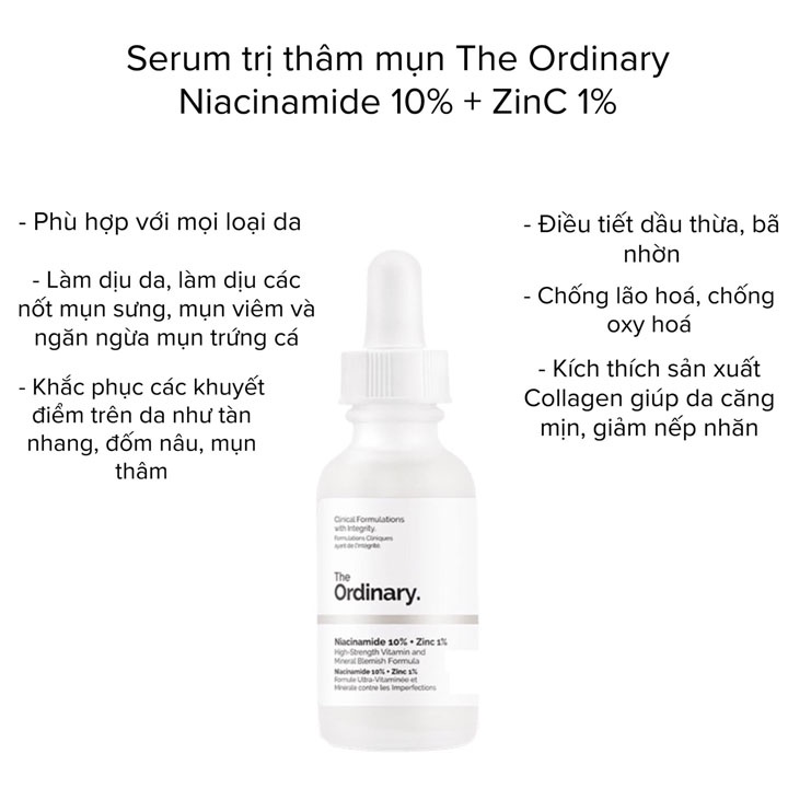 Serum the ordinary niacinamide 10 zinc 1, tinh chất giảm thâm giảm mụn tái tạo phục hồi da chính hãng