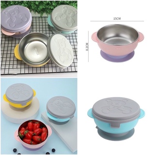 Bát ăn dặm lòng inox giữ nhiệt, có đế hít chống đổ và nắp đậy hình gấu