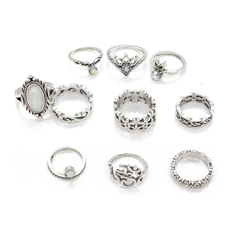 Set 10 Nhẫn Bạc Đeo Khớp Ngón Tay Đính Đá Thời Trang Cho Nữ